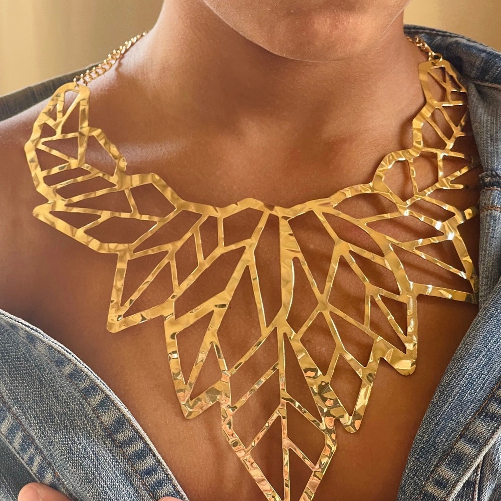Leaf Bib Necklace, Gold Leaf, Silver Leaf, Metal Leaf Necklace